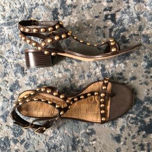 Studded gladiator style tstrap heeled sandal